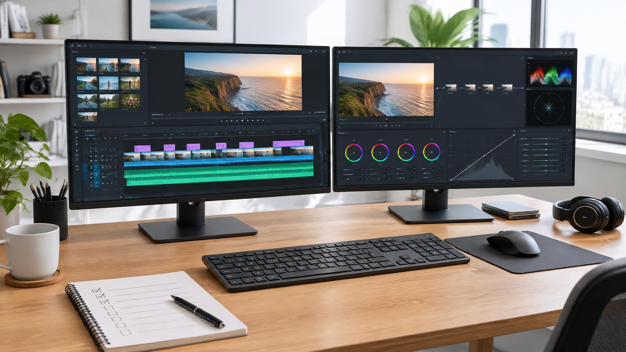 Video editors working at a desk with monitors