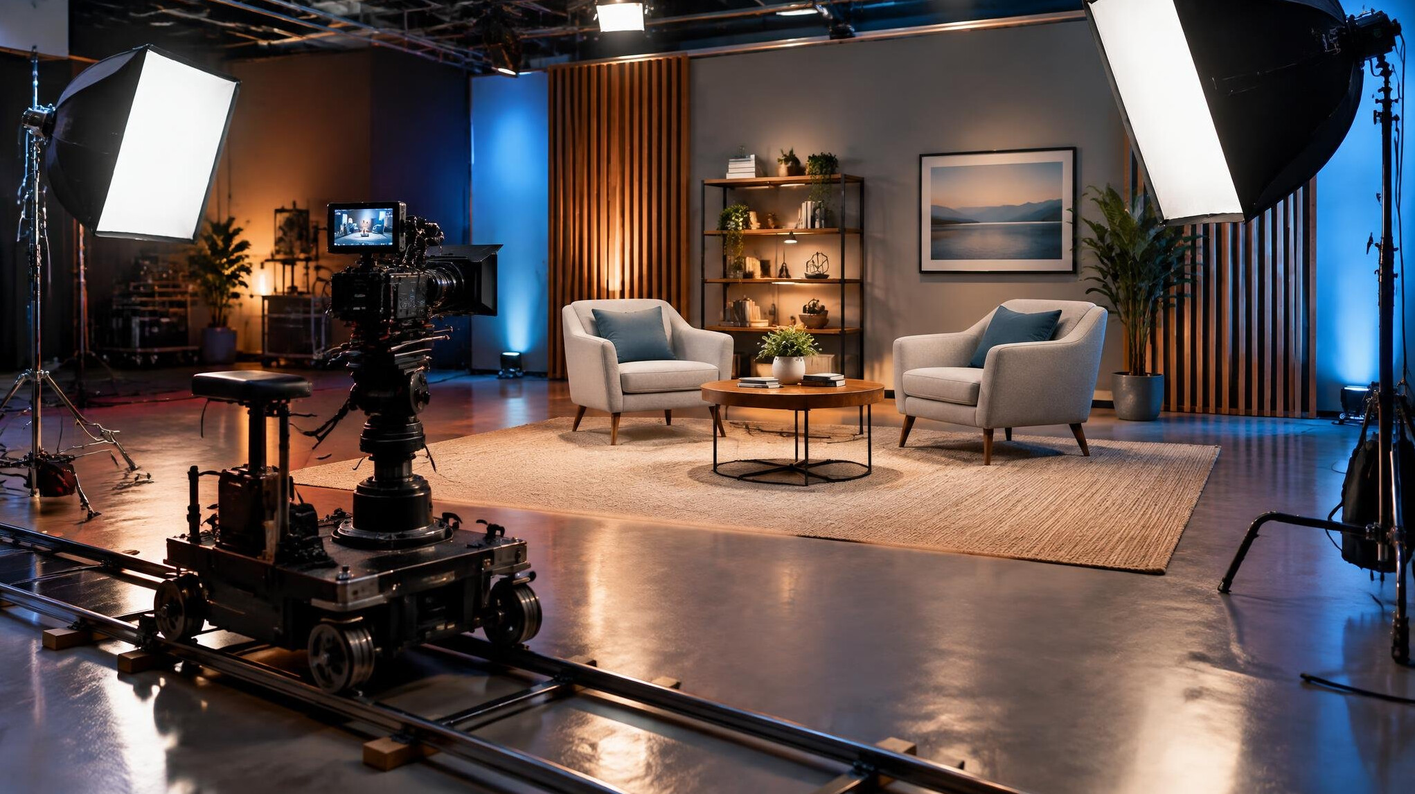 Film set with cameras and lighting equipment