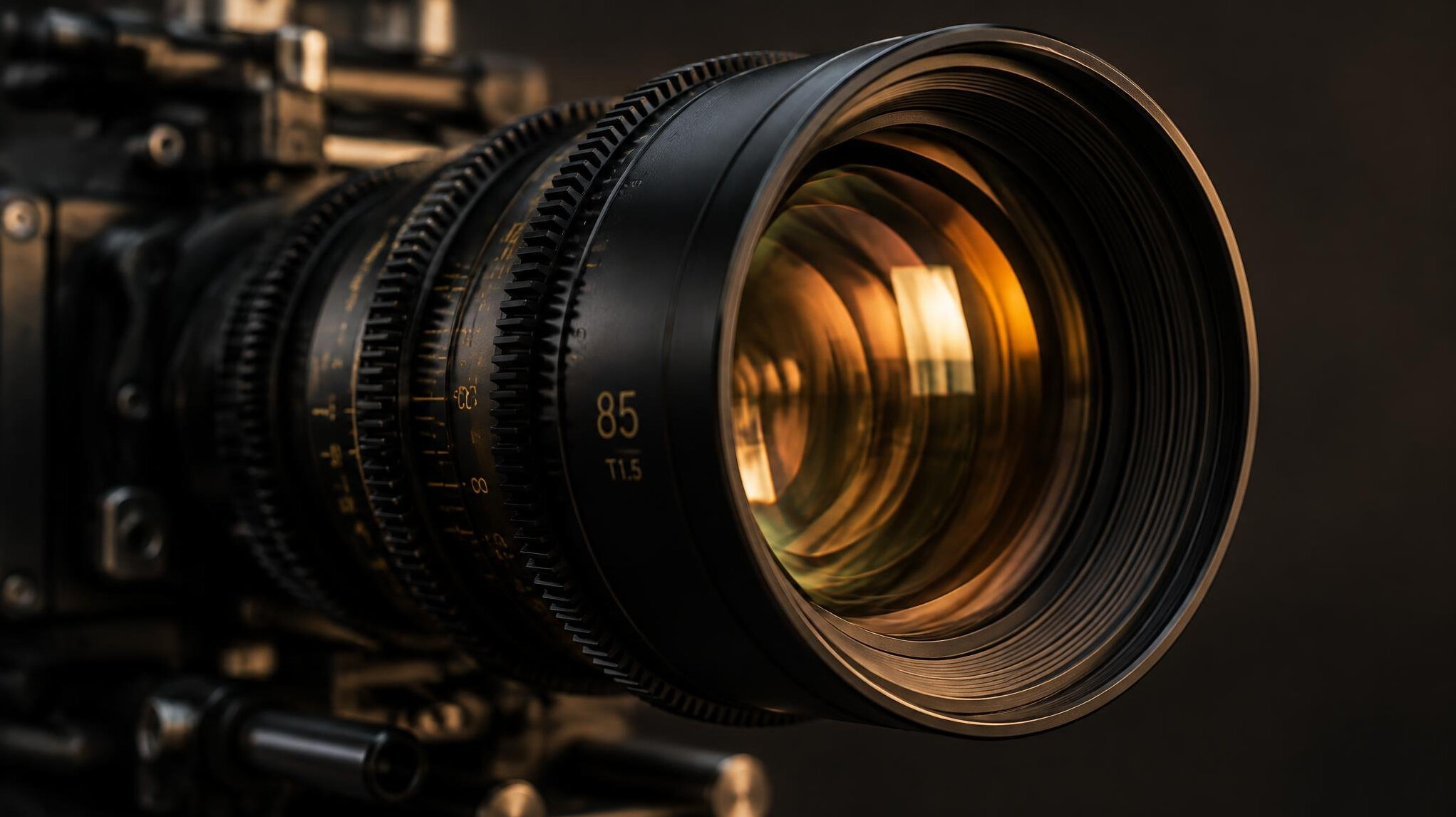 Close-up of a camera lens with warm light reflections