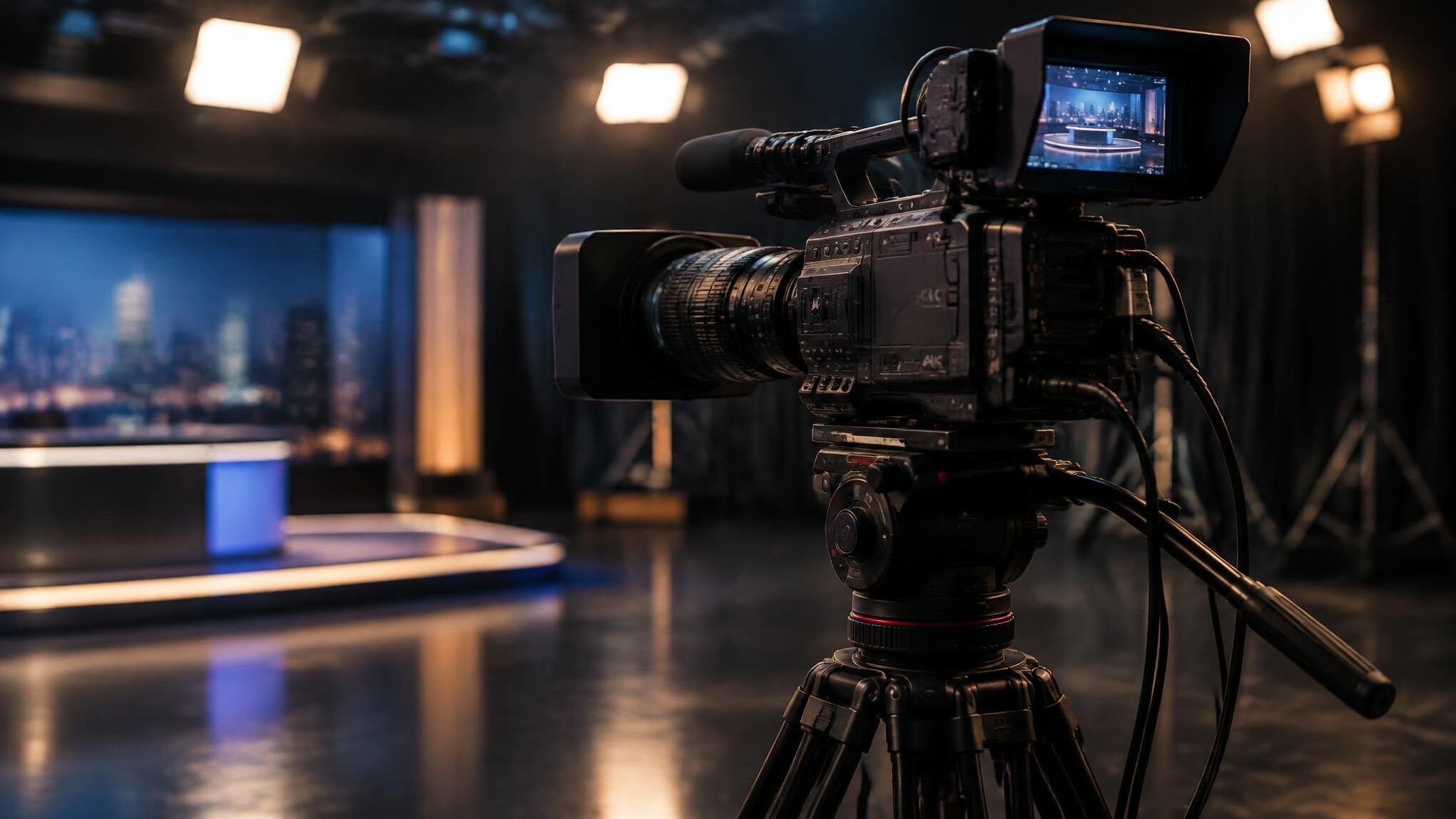 Professional video camera on a tripod in a dark broadcast studio